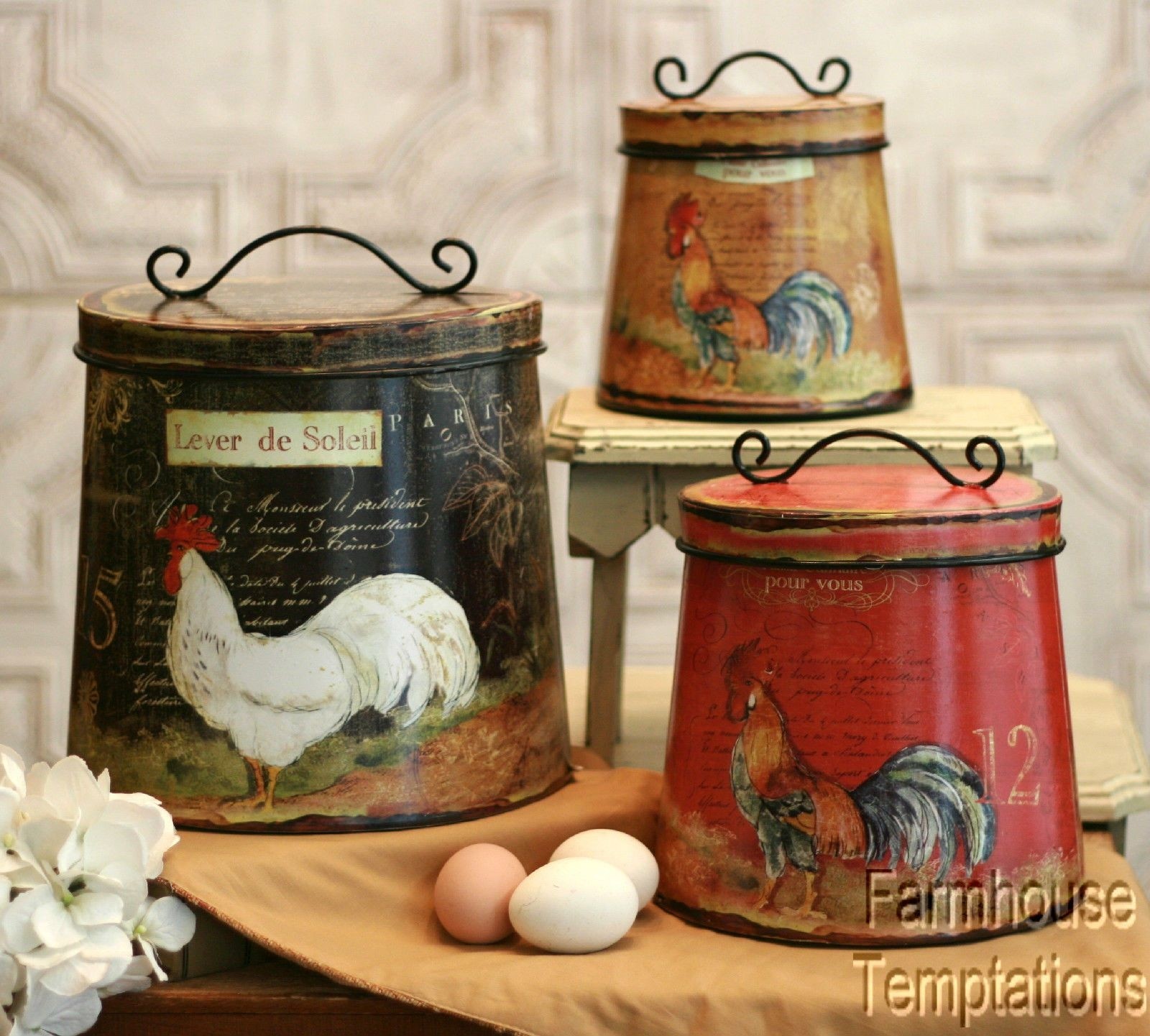 Cottage Rooster Canister Set Shabby French Country Chic Tin Tuscan Kitchen Decor