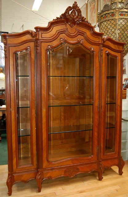 Antique french rosewood three door curio cabinet for sale