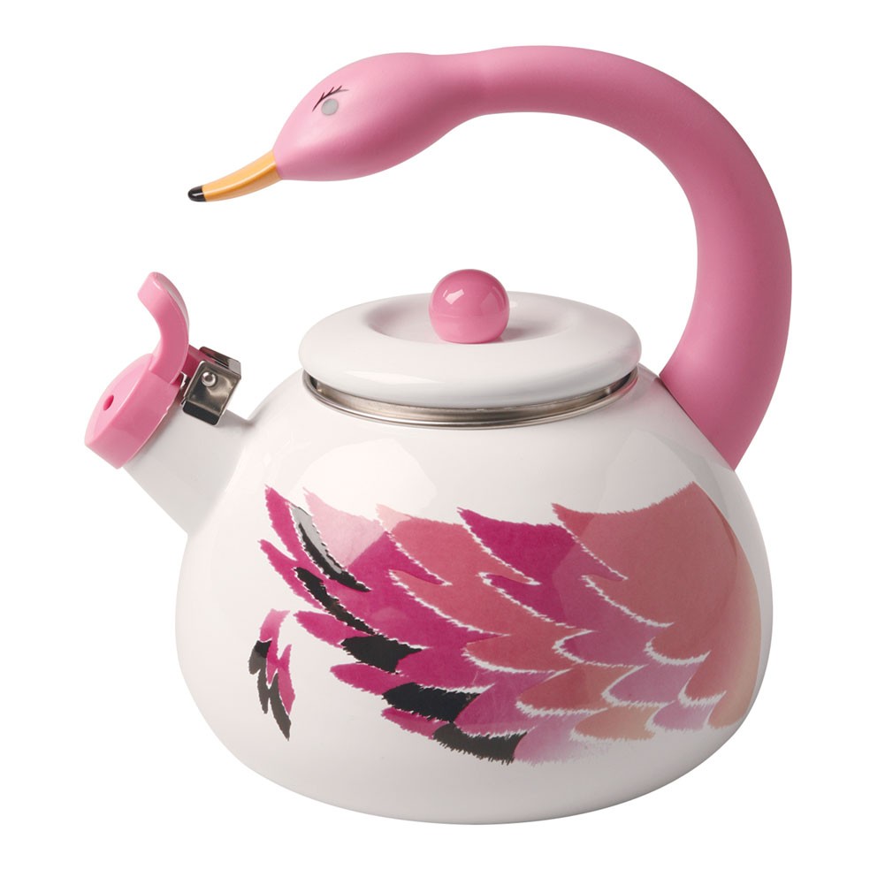 Whistling teakettle tea kettle pink flamingo on white