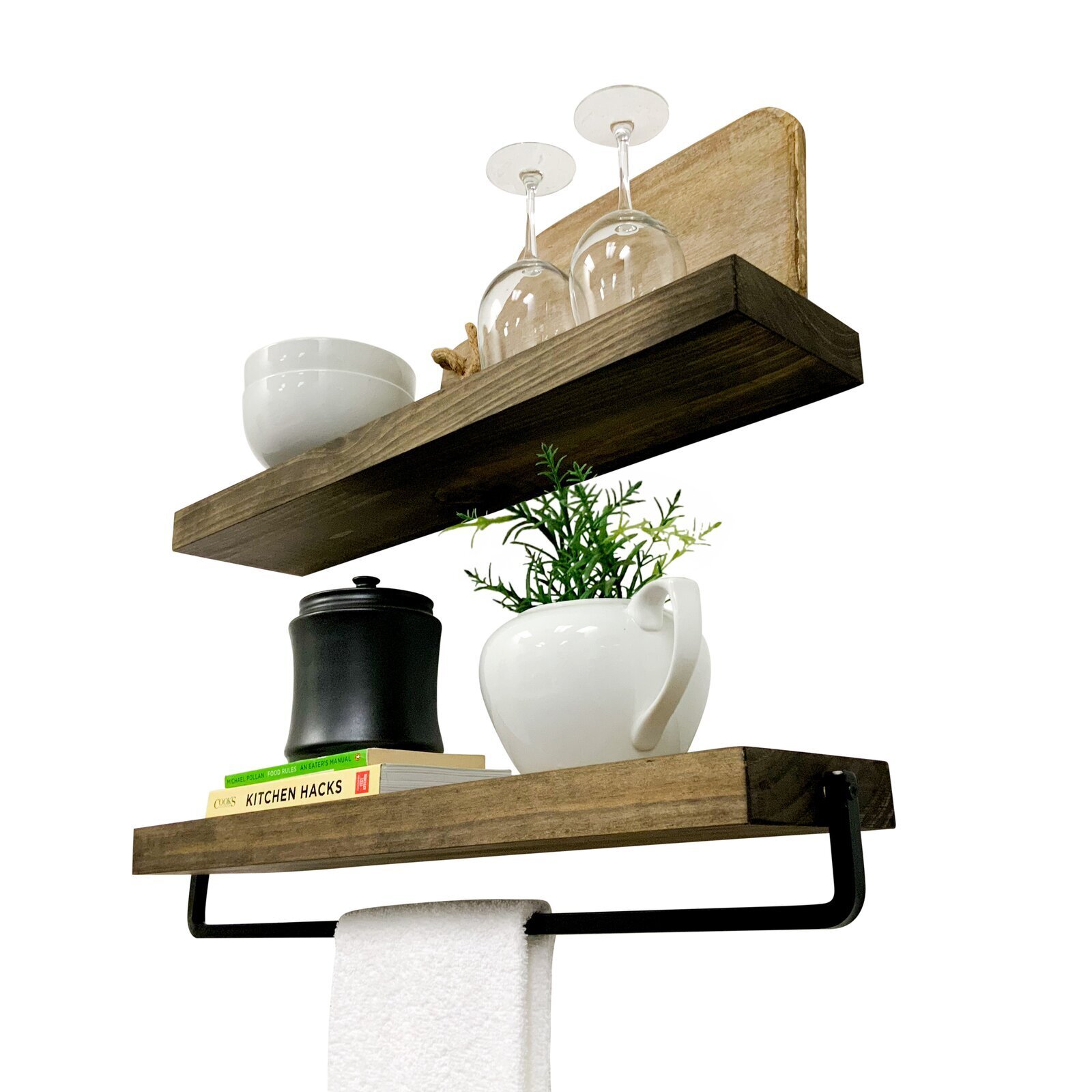 Floating natural wood shelves with built in towel bar