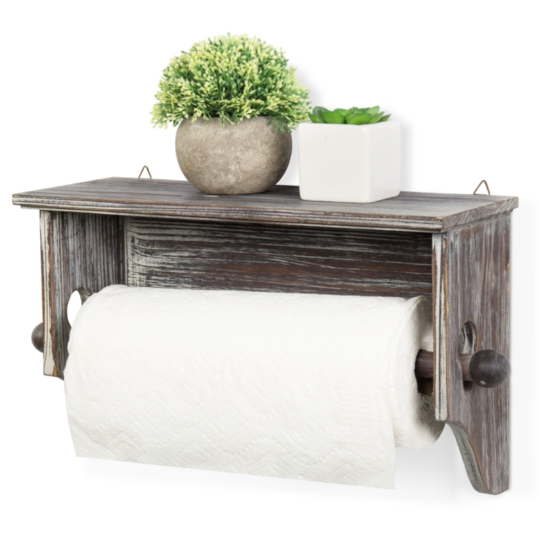 Torched Wood Paper Towel Dispenser with Top Shelf