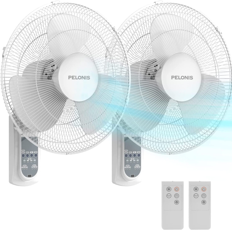 PELONIS 16'' Oscillating Wall Mount Fan 3 Speeds Adjustable Tilt Timer Remote Control 2 Packs White