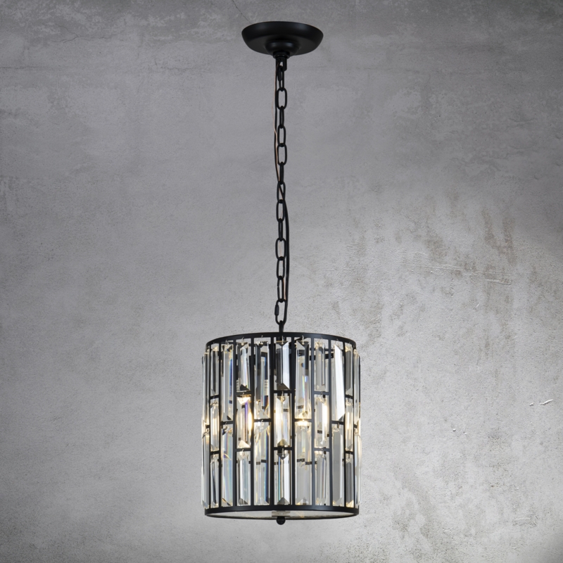 3-Light Black Modern Farmhouse Lantern Drum Chandeliers With Crystal Accents