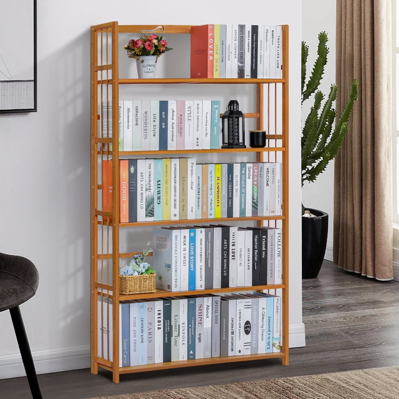 Adjustable Bamboo Wood Etagere Bookcase Free Standing Multilayer Storage Bookshelf