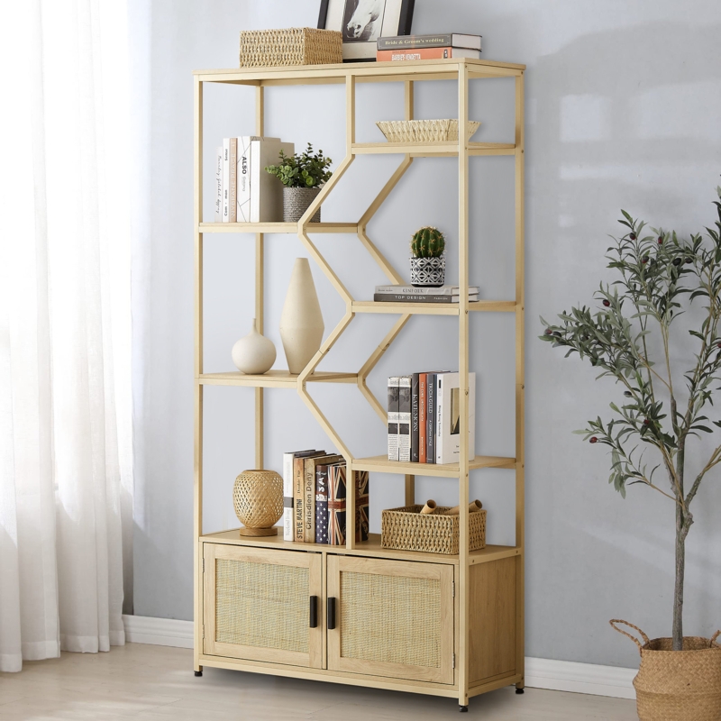 Keana Rattan Book Shelf with Storage Rack, 6 Shelf Bookcase with Cabinet, Display Shelves