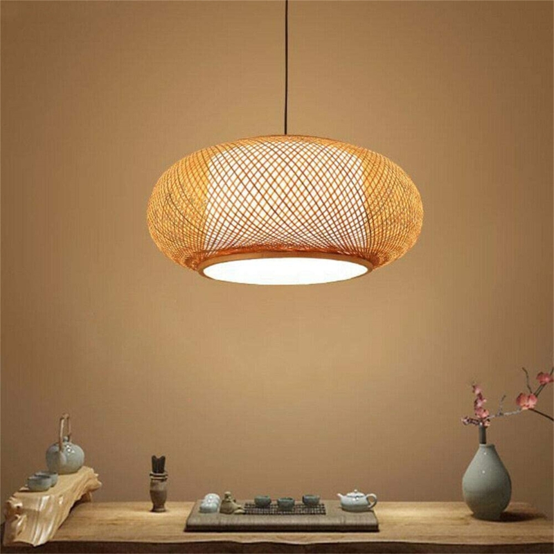 Welty Rustic Hand-Woven Bamboo Rattan Pendant Light, Narural Bamboo Lantern Pendant Cage