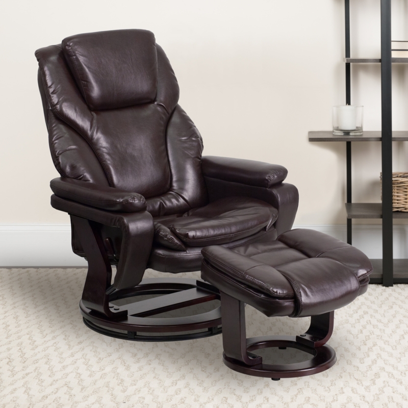 Casey-Jane Contemporary Recliner and Ottoman with Swiveling Mahogany Wood Base