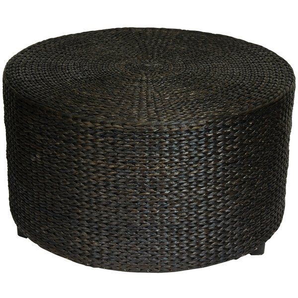 Oriental Furniture Rustic Coffee Table Foot Stool, 30-Inch Woven Water Hyacinth Rattan Style Round Ottoman Coffee Table Platform, Black