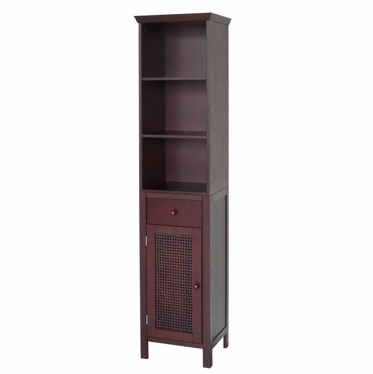 Elegant Home Fashions Shelved Linen Tower with Drawer and Cane-Paneled Cupboard, Espresso