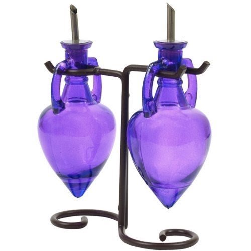 French Olive Oil &Vinegar Colored Glass Bottles Liquid Dispensers 2pc ~ G7 Purple Decorative Amphora Style Bottles with Stainless Spouts & Black Metal Swirl Stand