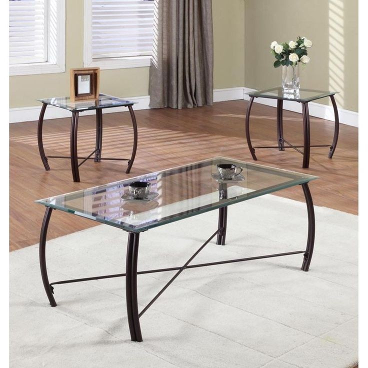 3 Pc. Beveled Glass And Copper Bronze Metal Frame Coffee Table & 2 End Tables Occasional Table Set