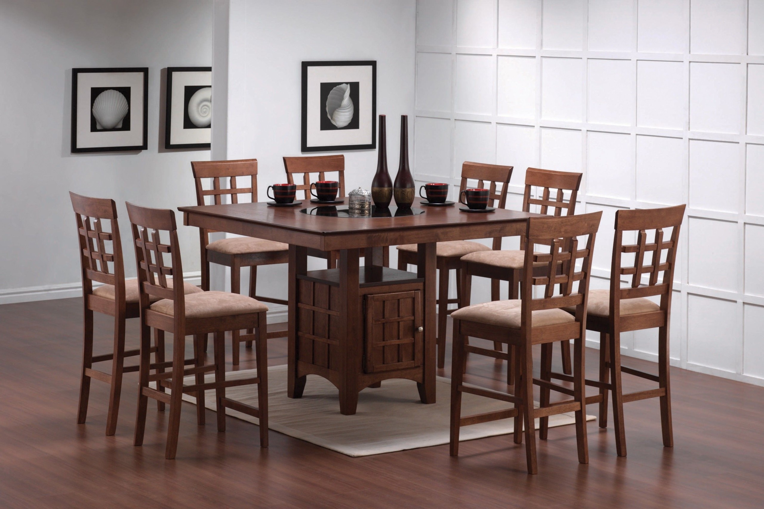 9pcs Walnut Counter Height Dining Table with Lazy Susan & 8 Stools Set