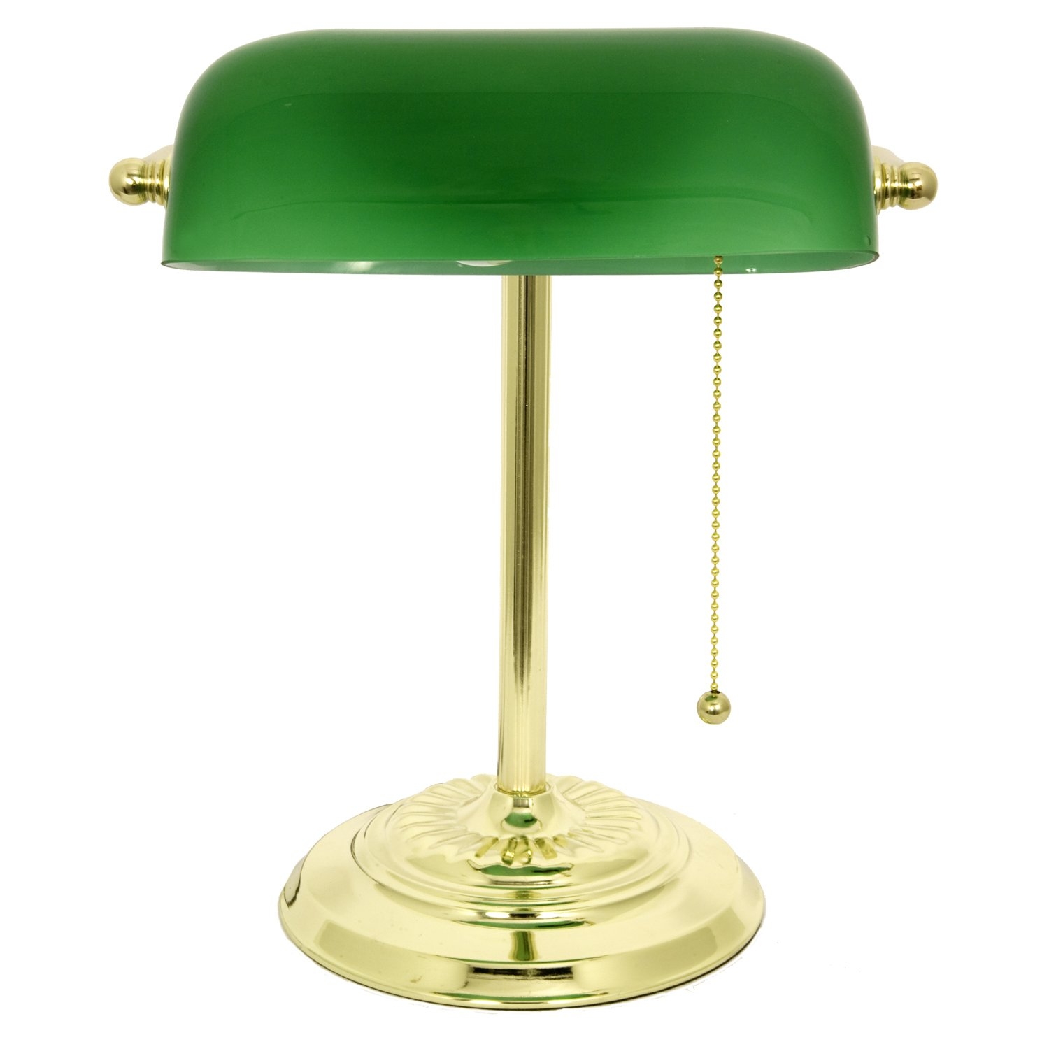 Banker's Lamp with Green Glass Shade, Brass Finish