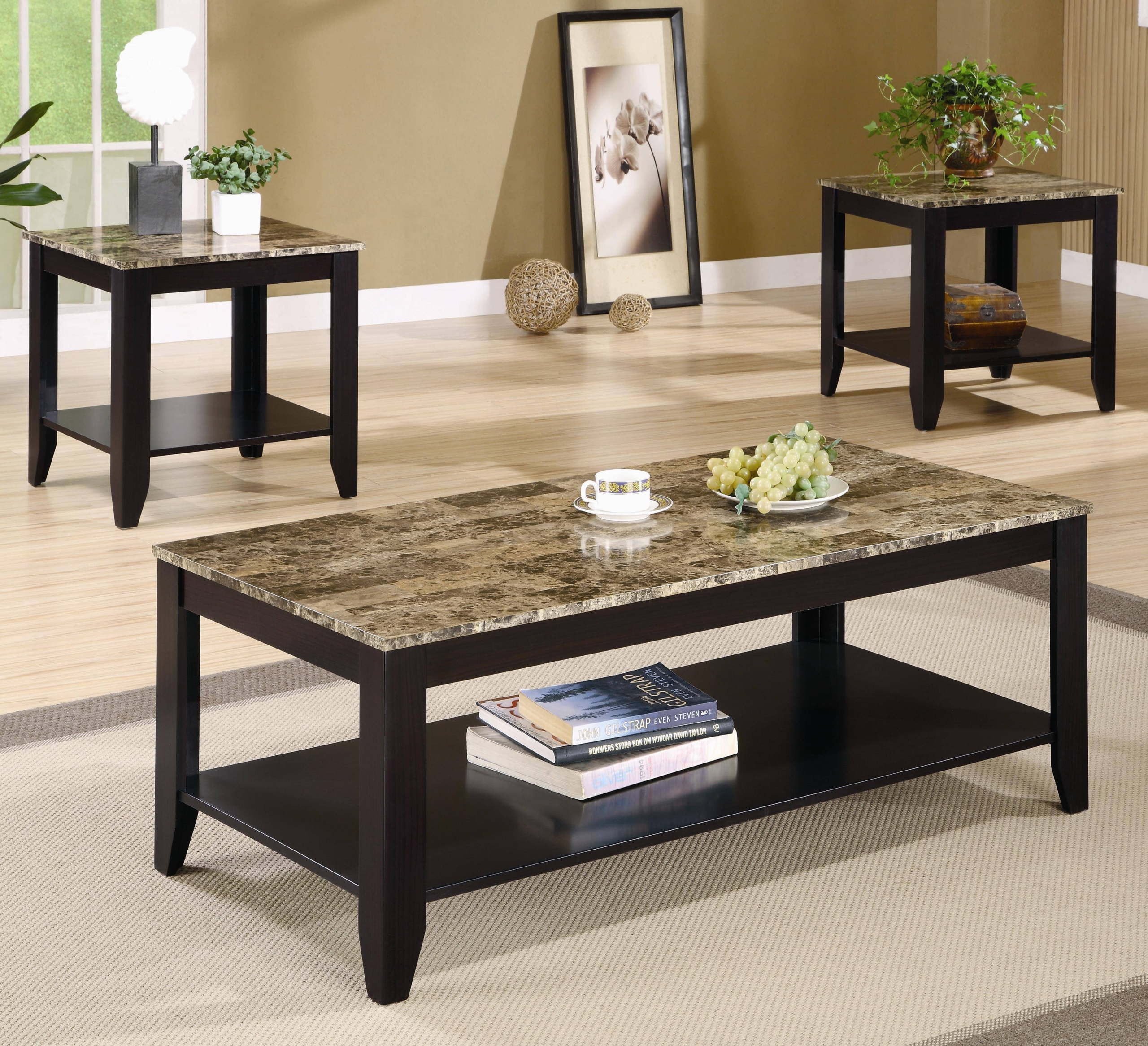 Coaster 3pc Coffee Table & End Table Set Faux Marble Top Espresso Finish