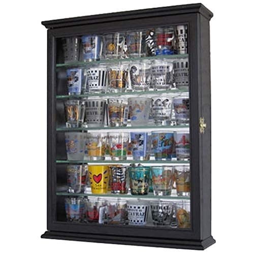 Shot glass display case cabinet holder rack shadow box with Glass Door-BLACK Finish