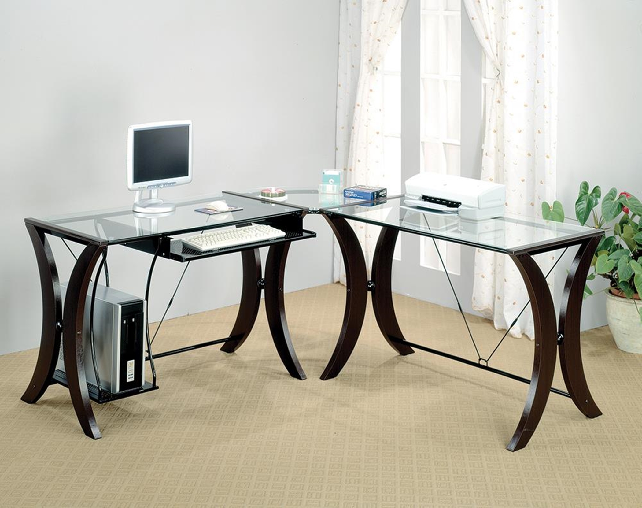 Coaster L-Shape Home Office Computer Desk, Cappuccino Finish Base, Glass Top
