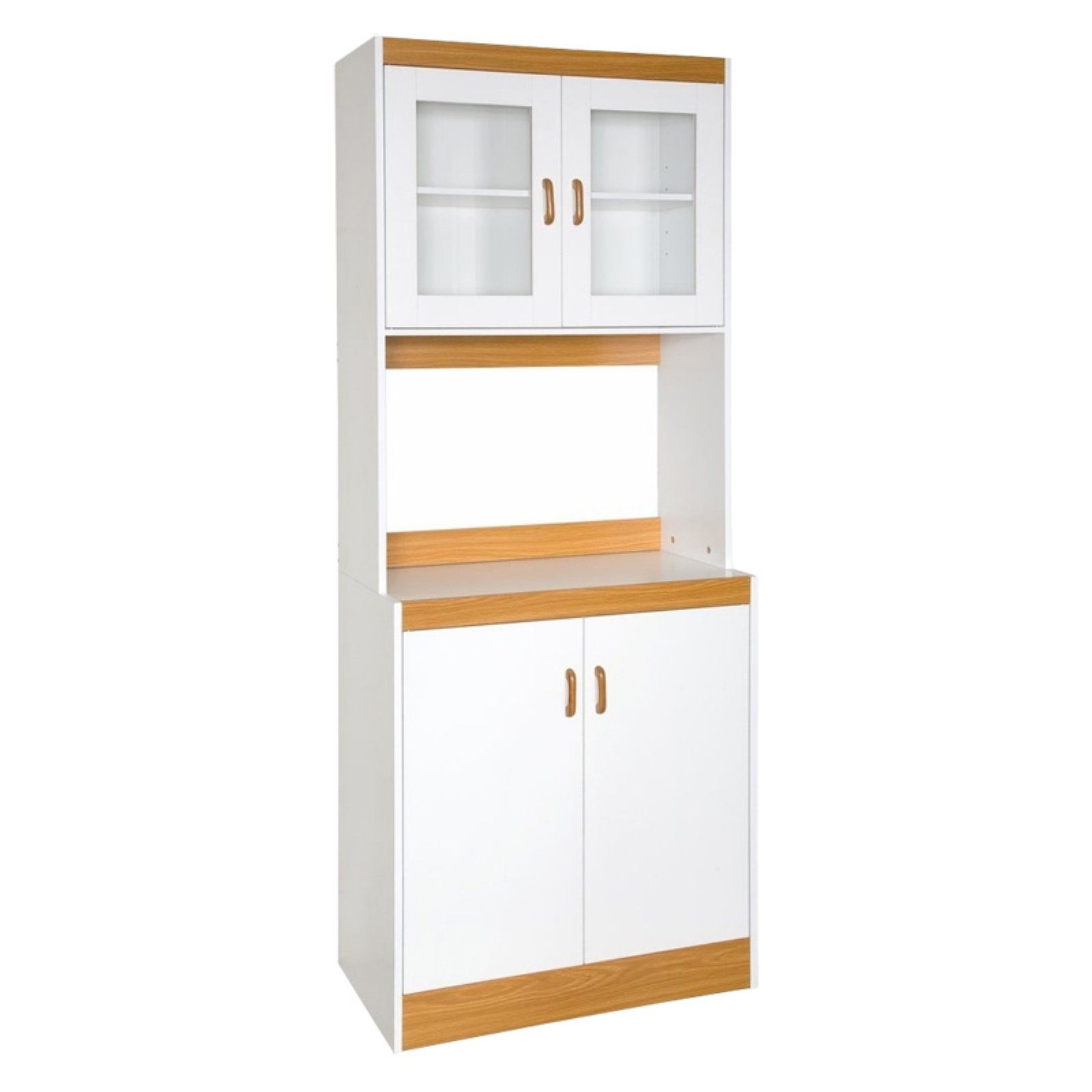 Home Source Industries 153BRD Tall Kitchen Cabinet with Solid-Door below Shelf and Glass Doors, White with Light Wood Trim
