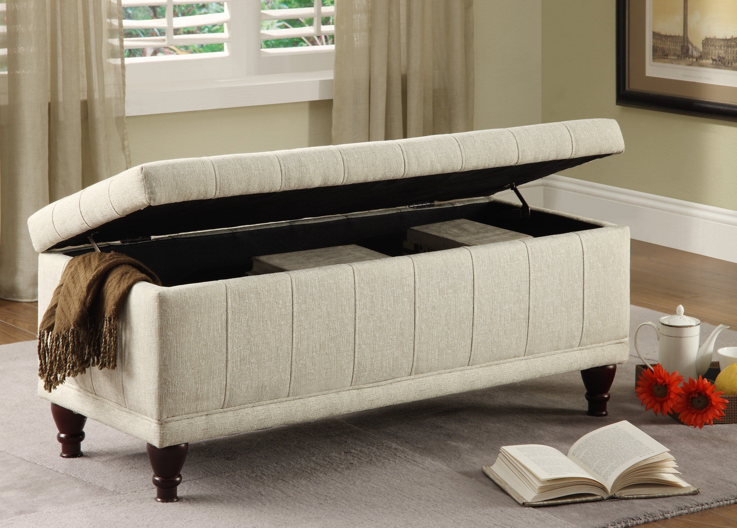 Homelegance 4730NF Lift Top Storage Bench with Tufted Accents, Beige Fabric