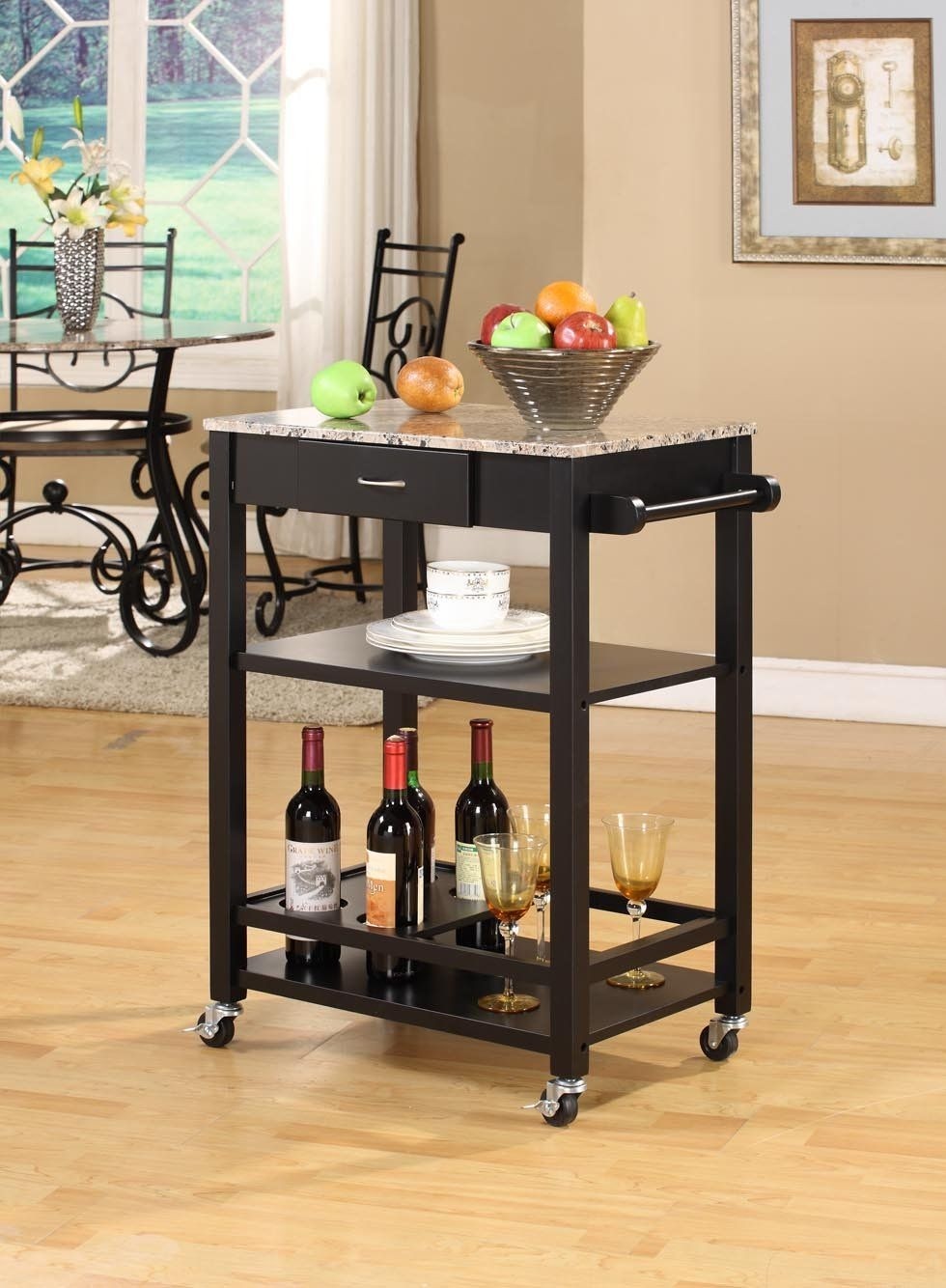 King's Brand K02 Faux Marble with Wood Kitchen Buffet Serving Cart, Black Finish