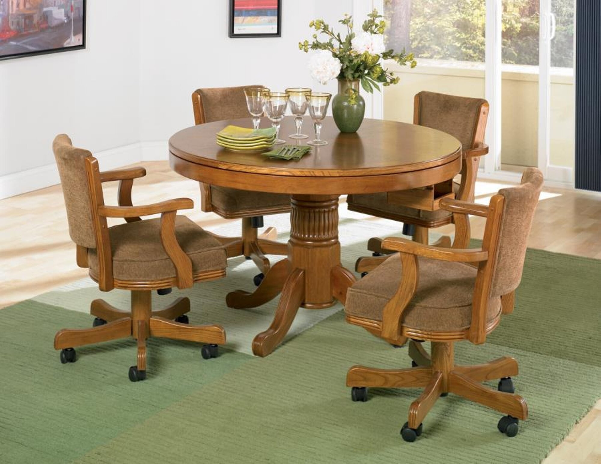5pc 3-in-1 Game Dining Table & Chairs Set Oak Finish