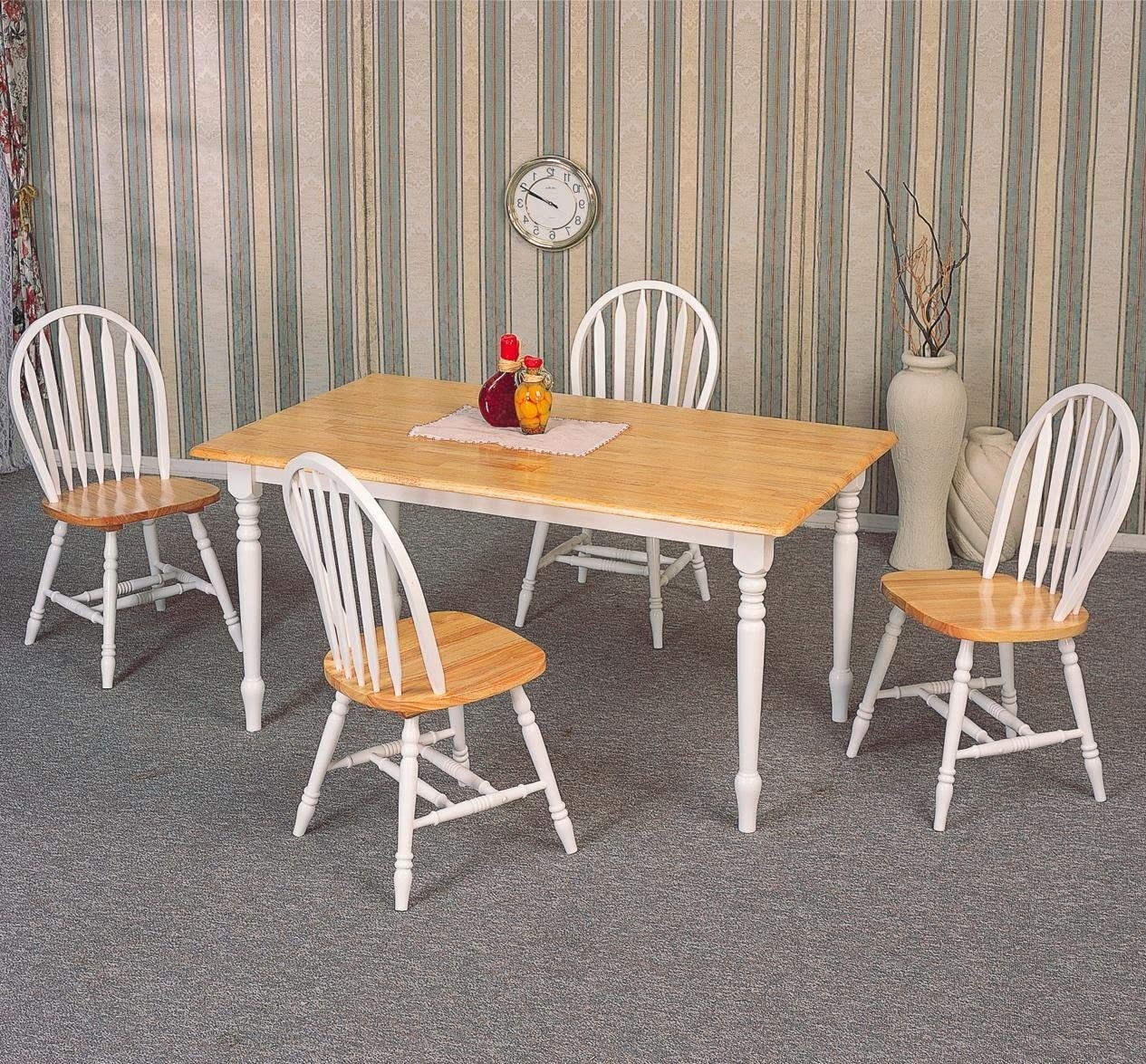 5pc Dining Table & Windsor Chairs Set White & Oak Finish