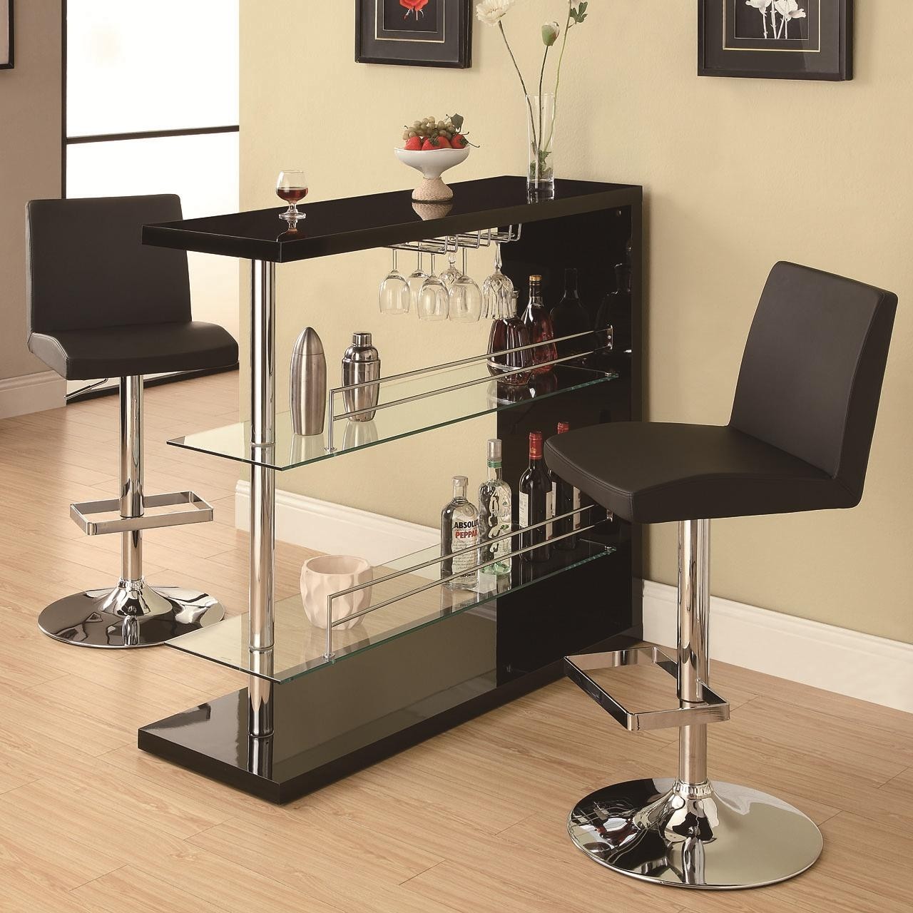 Coaster Bar Table with Two Glass Shelves in Gloss Black Finish