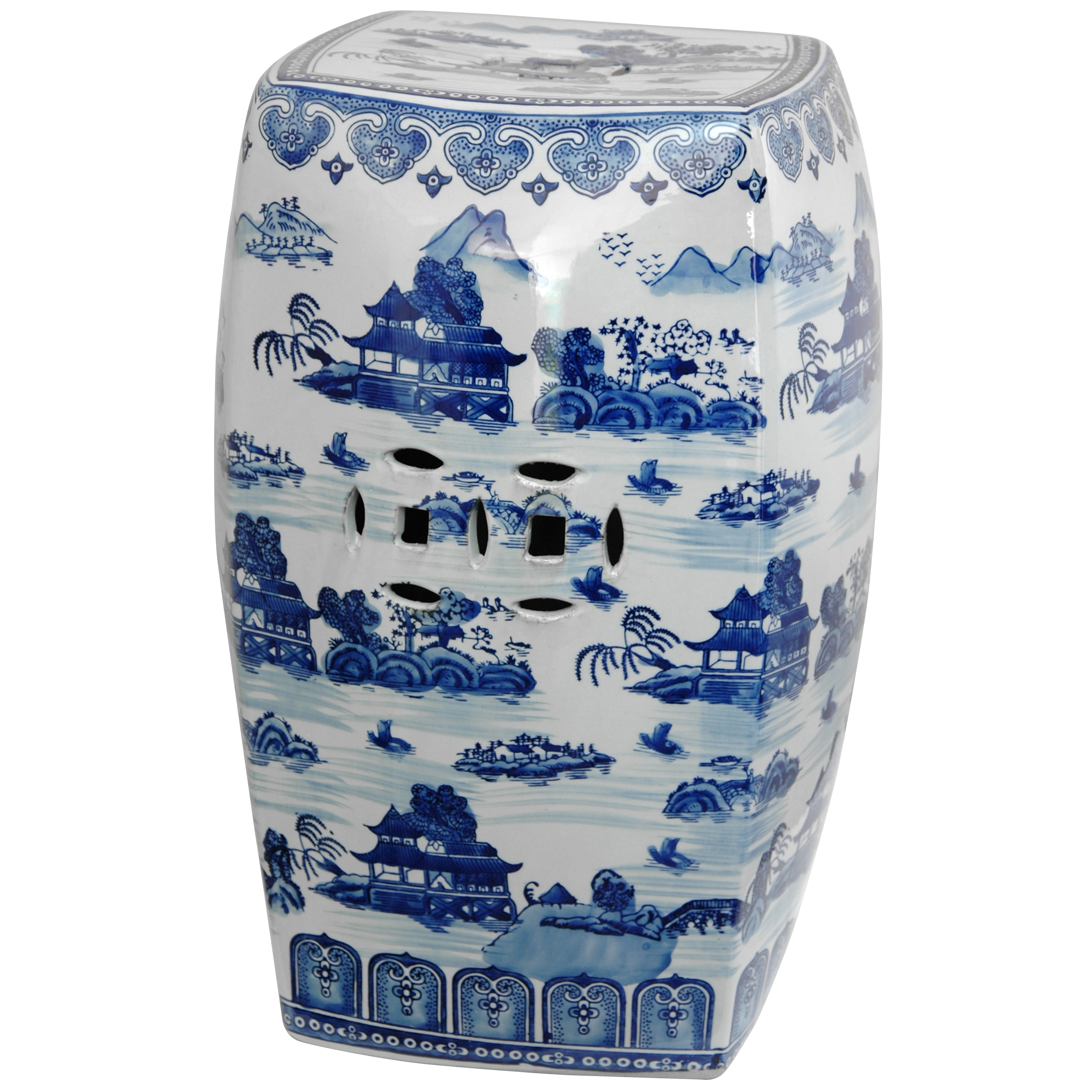 Oriental Furniture Distinctive Oriental Accessories, 18-Inch Blue and White Chinese Porcelain Garden Stool, Square with Landscape Design