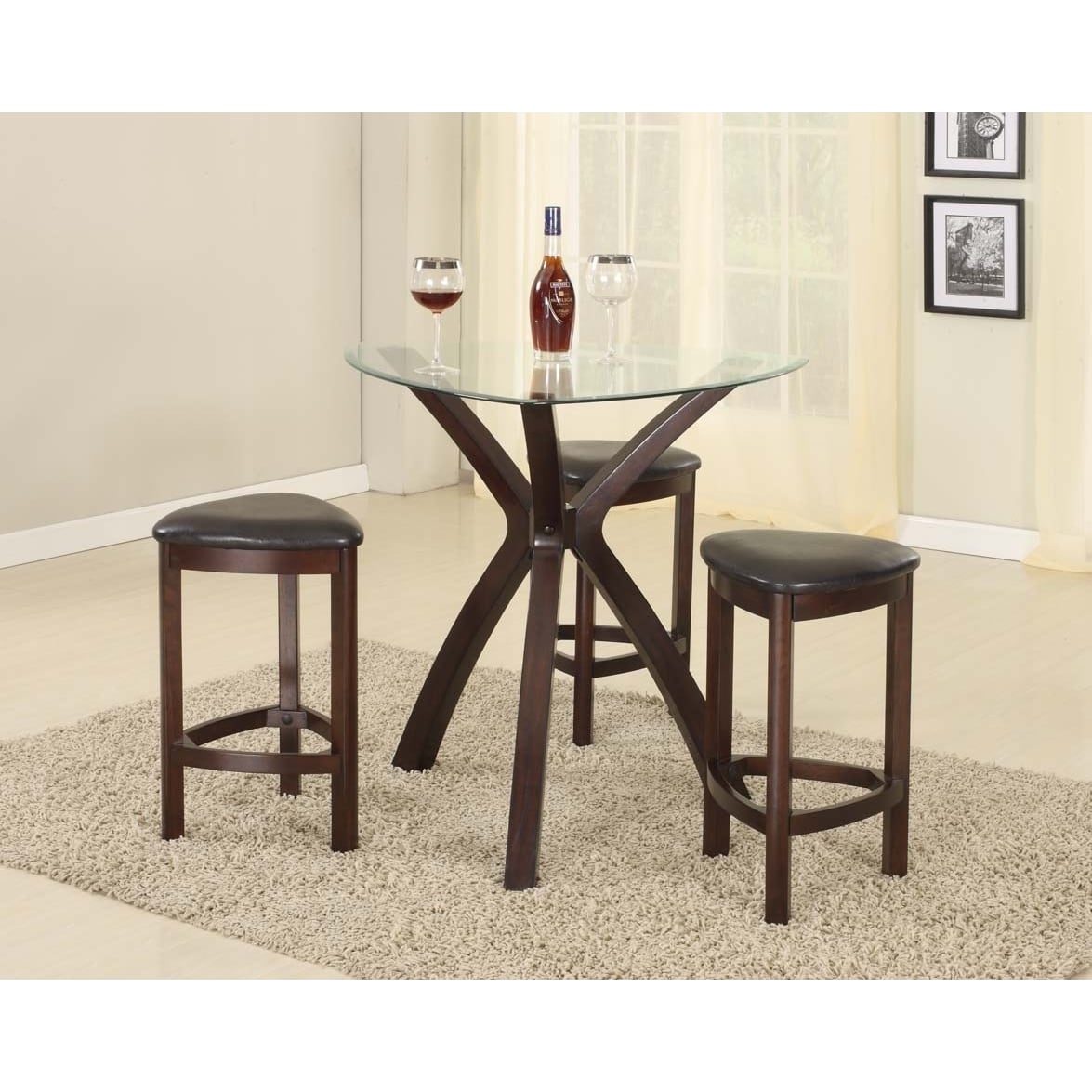 Roundhill Furniture 4-Piece Triangle Solid Wood Bar Table and Stools Set, Espresso