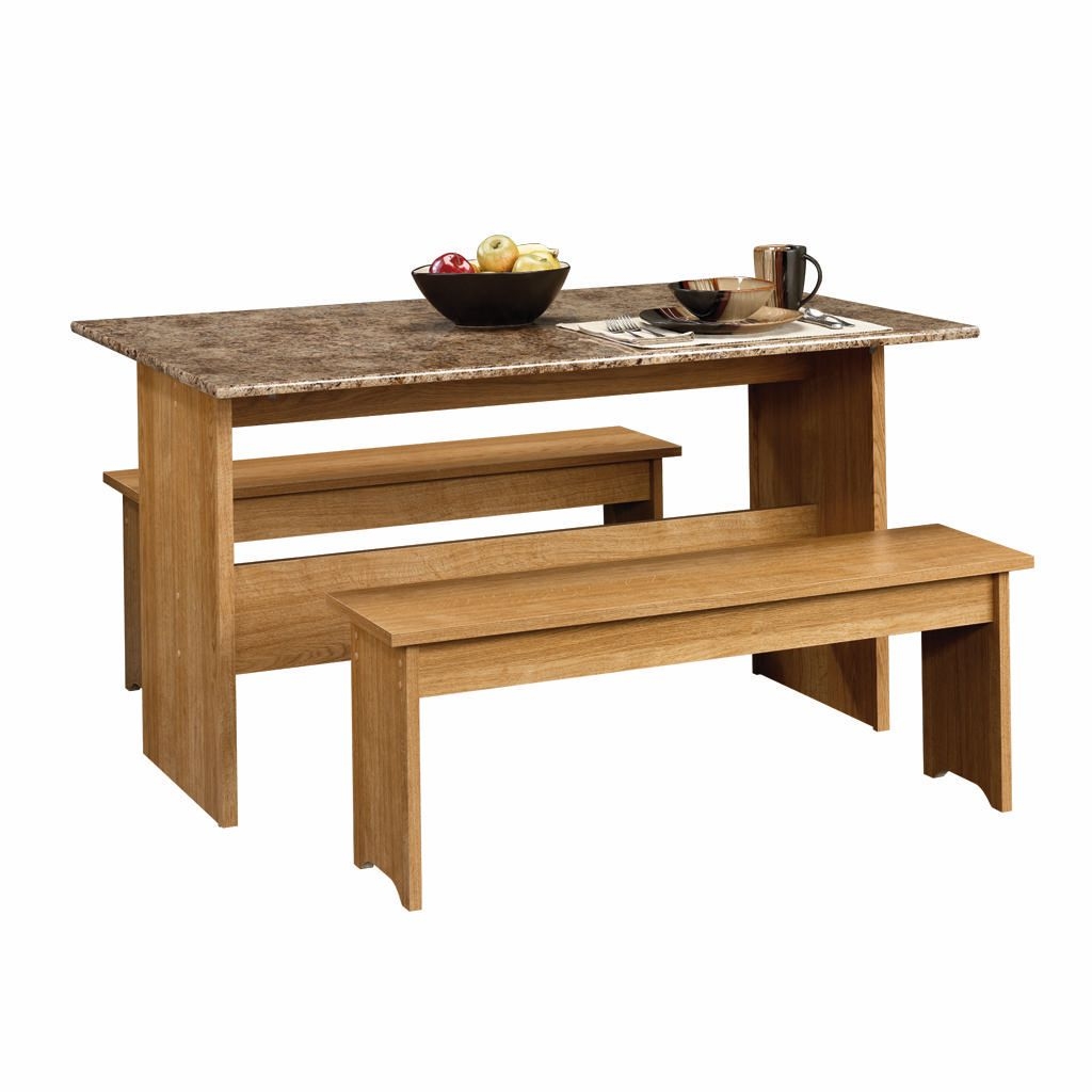 Sauder Beginnings Trestle Table With Benches in Highland Oak