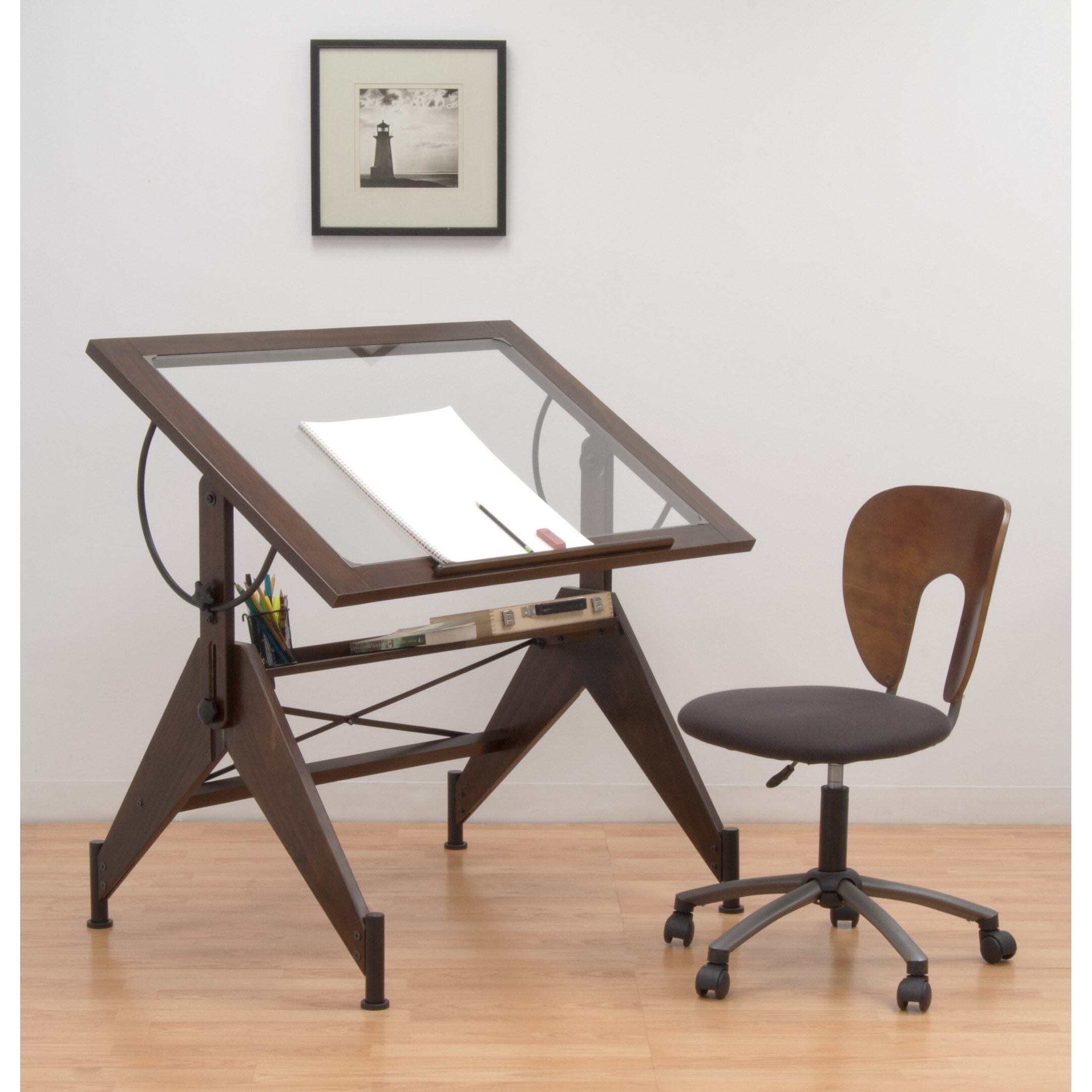 STUDIO DESIGNS Aries Glass Top Drafting Table Sonoma Brown/Clear Glass 13310