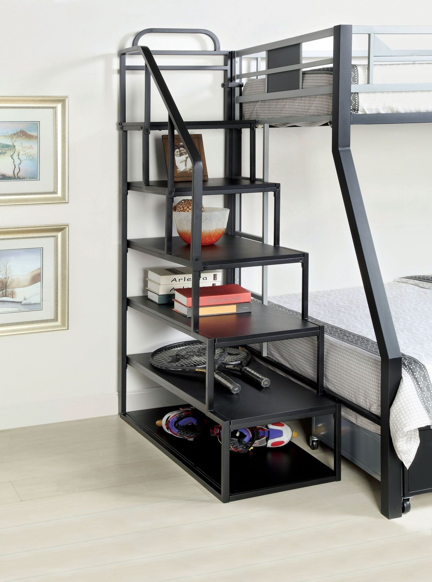 Furniture of America Metal Bunk Bed Side Ladder Bookshelf, Silver and Black Finish