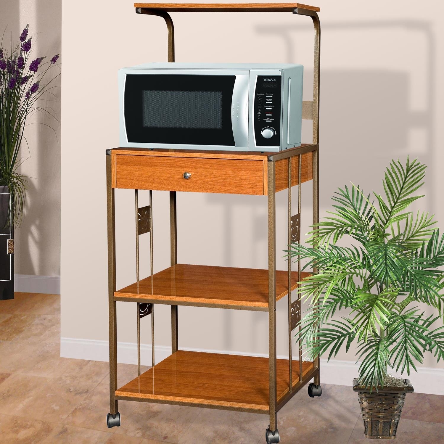 Home Source Industries R0018 Cherry Microwave Cart With 2 Electrical Outlets Drawer And 2 Shelves Cherry Finish 