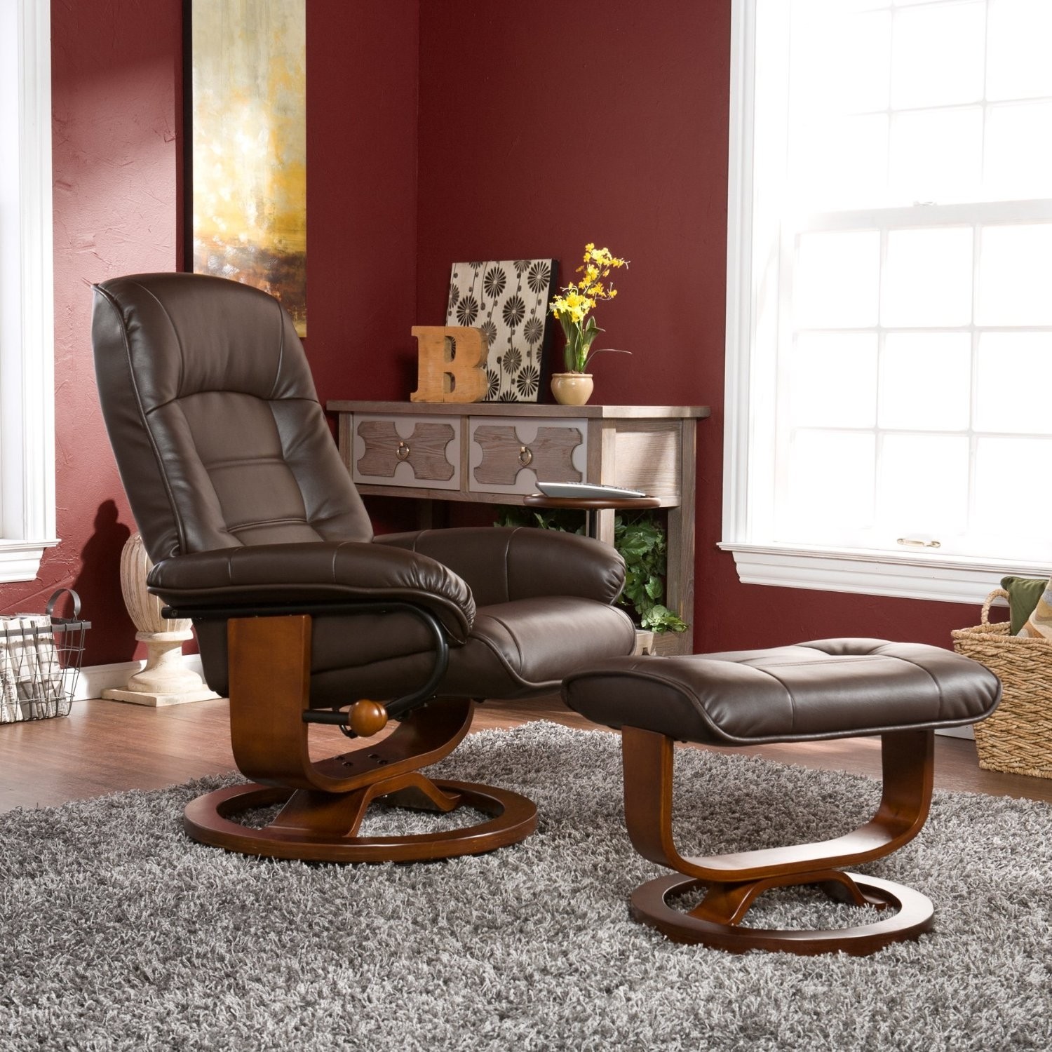 Southern Enterprises Leather Recliner with Side Table and Ottoman