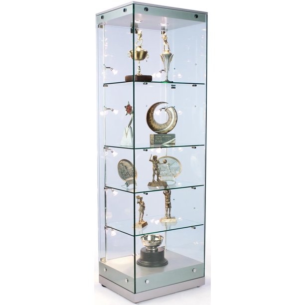 76"h Glass Curio Cabinet with 5 Height-Adjustable Glass Shelves, Side and Top Lighting, Hinged Door with Security Lock - Silver MDF Canopy and Base