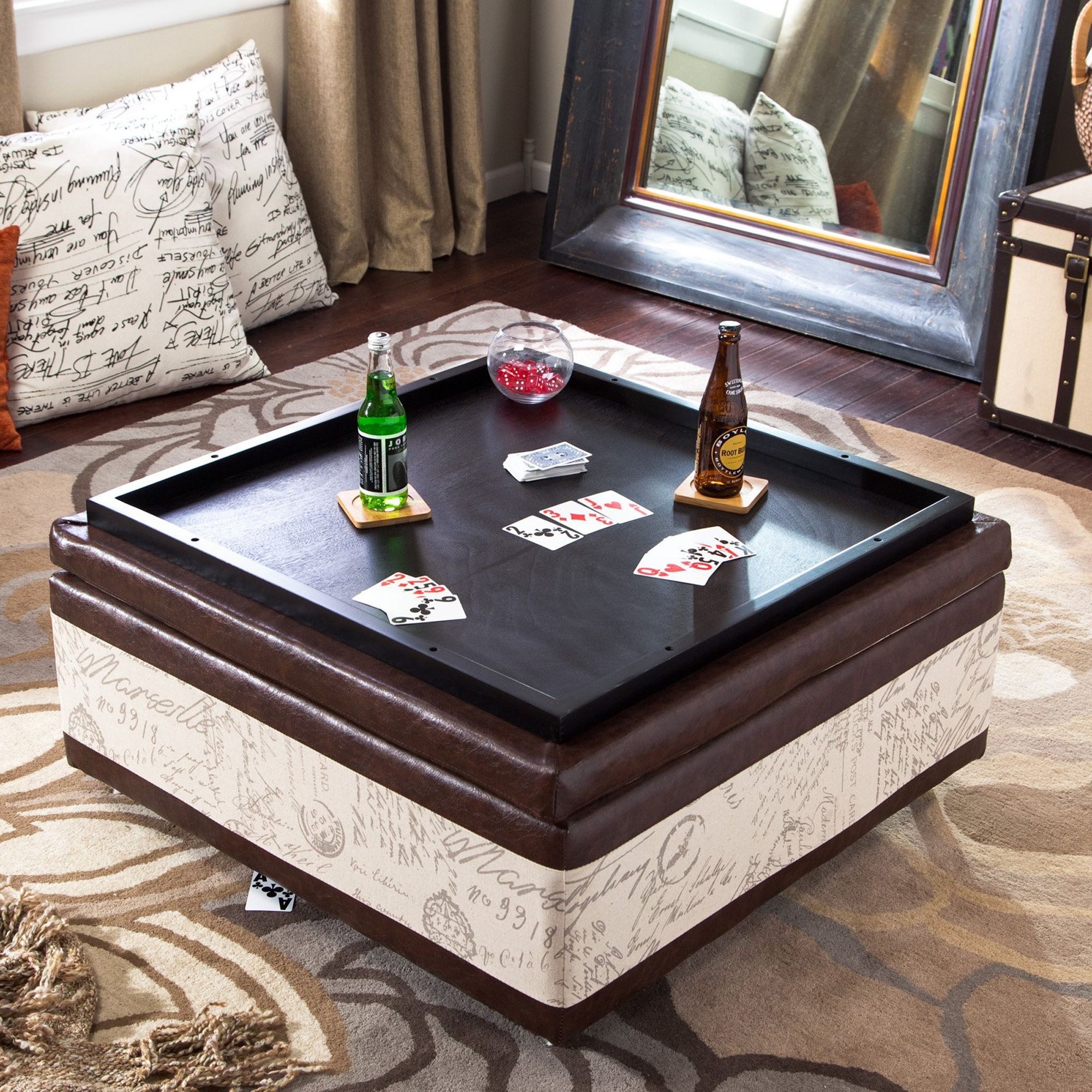 Armen Living Corbett Leather and Linen Coffee Table Storage Ottoman