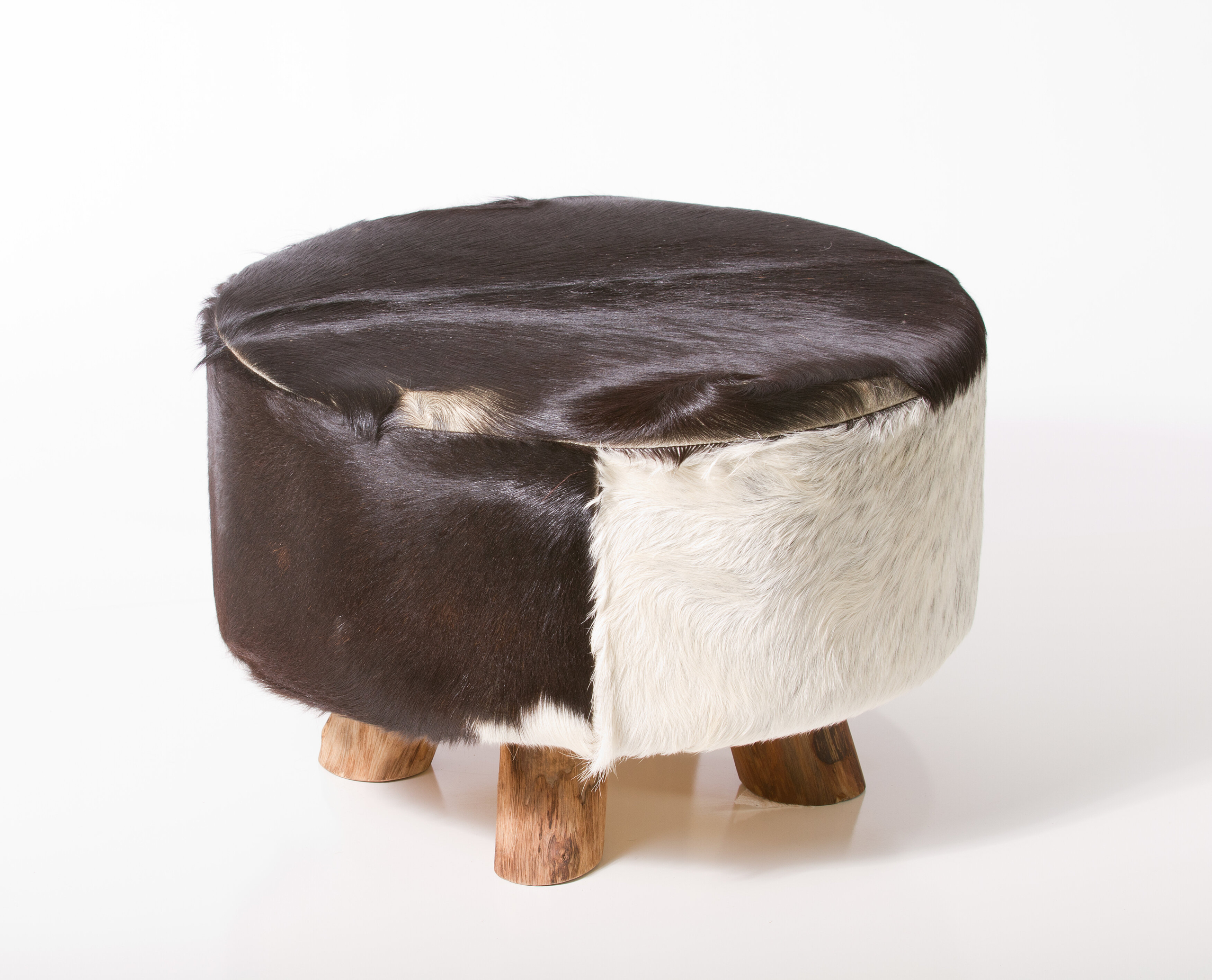 Bare Decor Large Round Leather, Cowhide Ottoman in Black and White