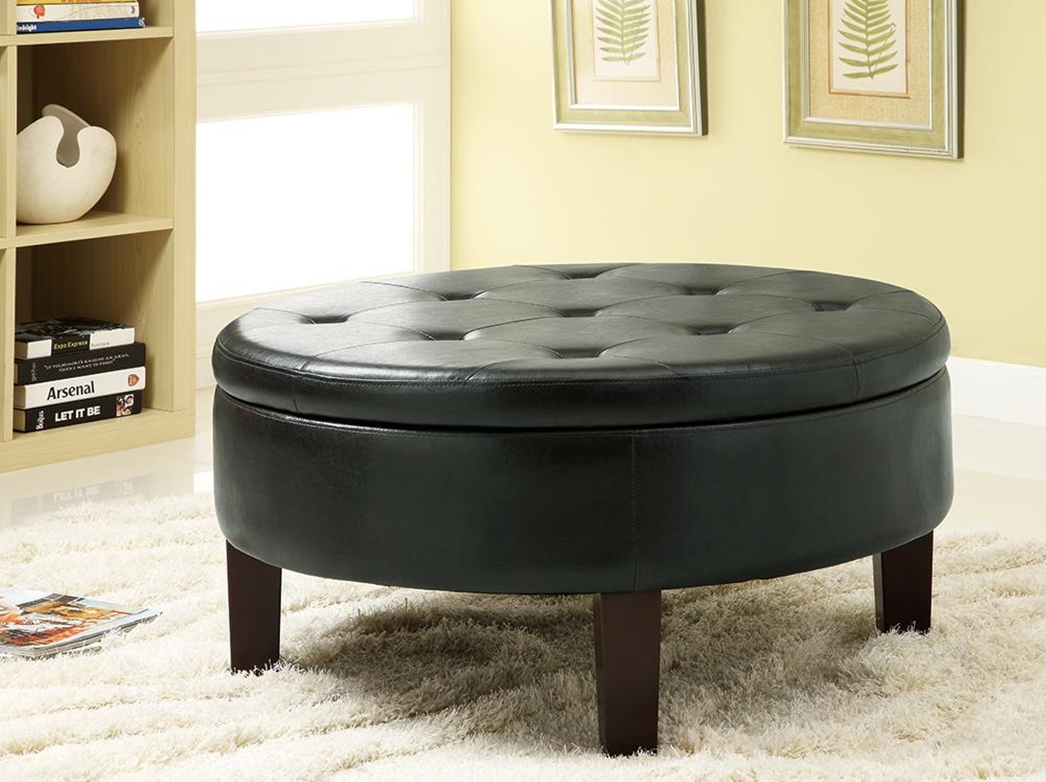 Coaster Round Upholstered Storage Ottoman with Tufted Top in Black