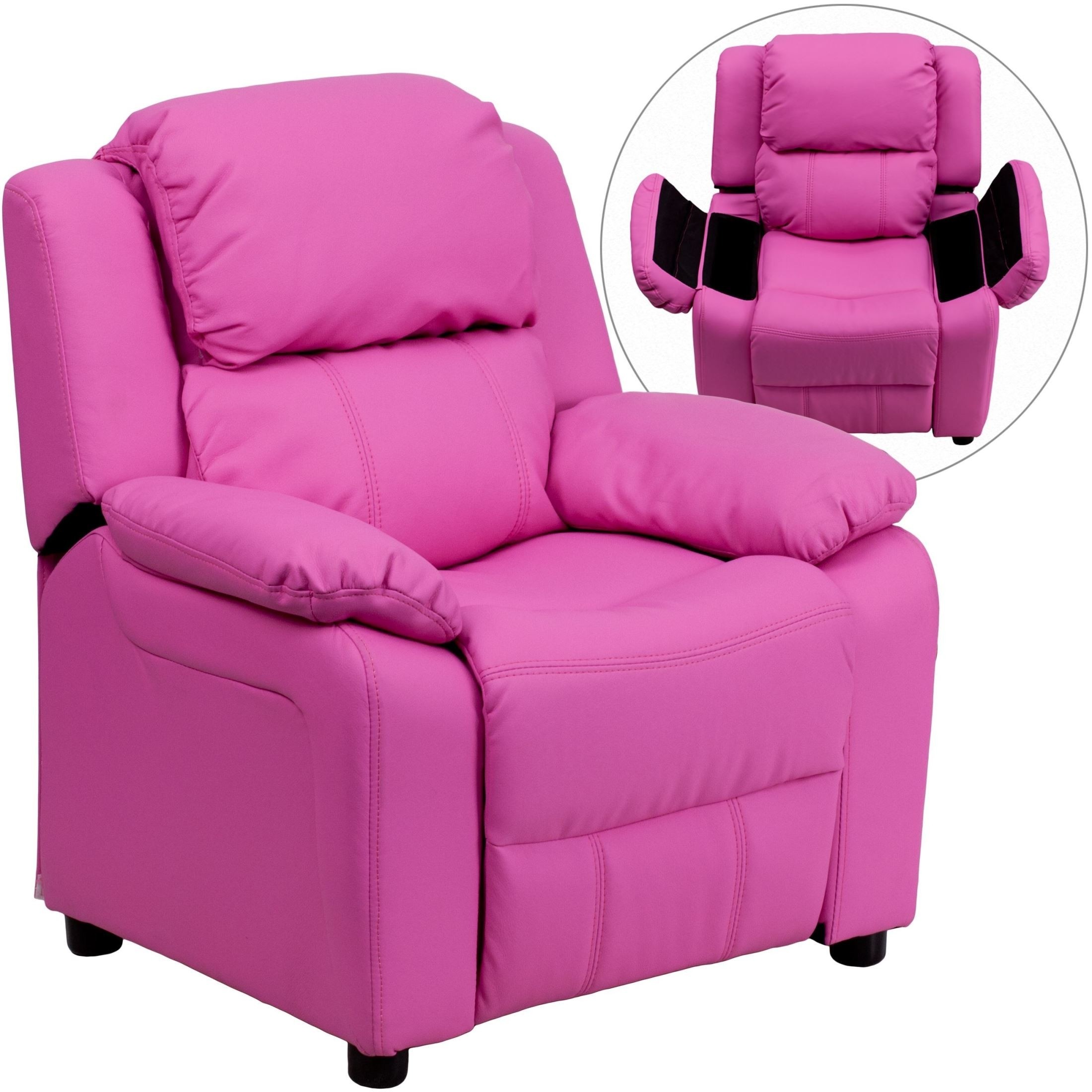 Flash Furniture Deluxe Heavily Padded Contemporary Hot Pink Vinyl Kids Recliner with Storage Arms [BT-7985-KID-HOT-PINK-GG]