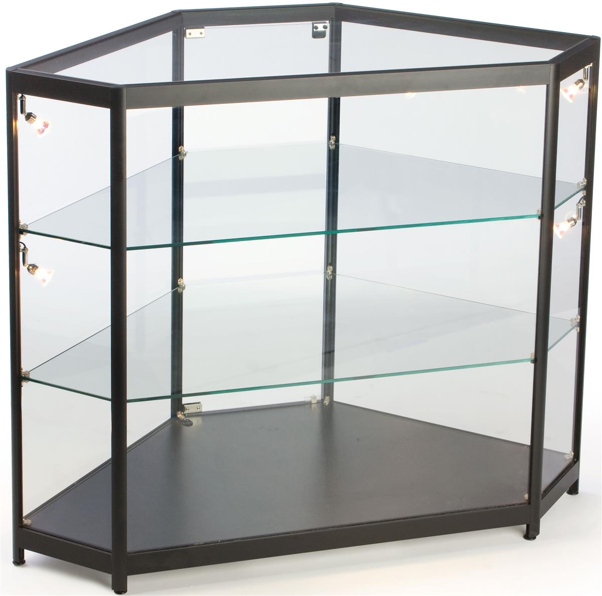 Hexagon Shaped Corner Display Cabinet, With Aluminum Extrusions And Black Laminate Base