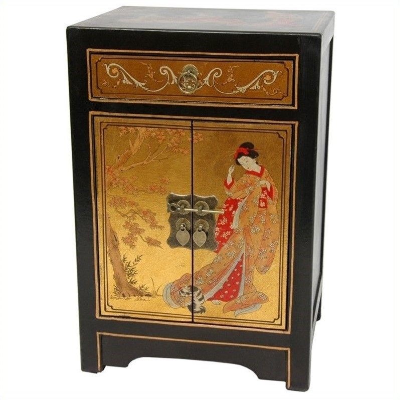Oriental Furniture Elegant Asian Nightstand, 23-Inch Ming Gold Leaf End Table Cabinet
