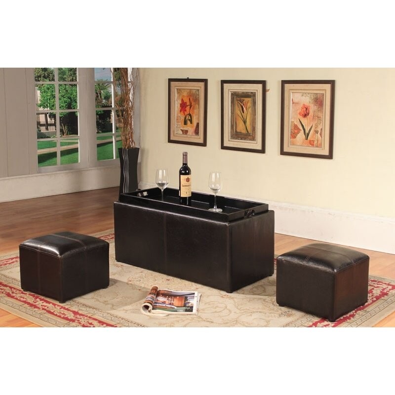 Roundhill Espresso Bonded Leather Storage Coffee Table with 2 Ottomans