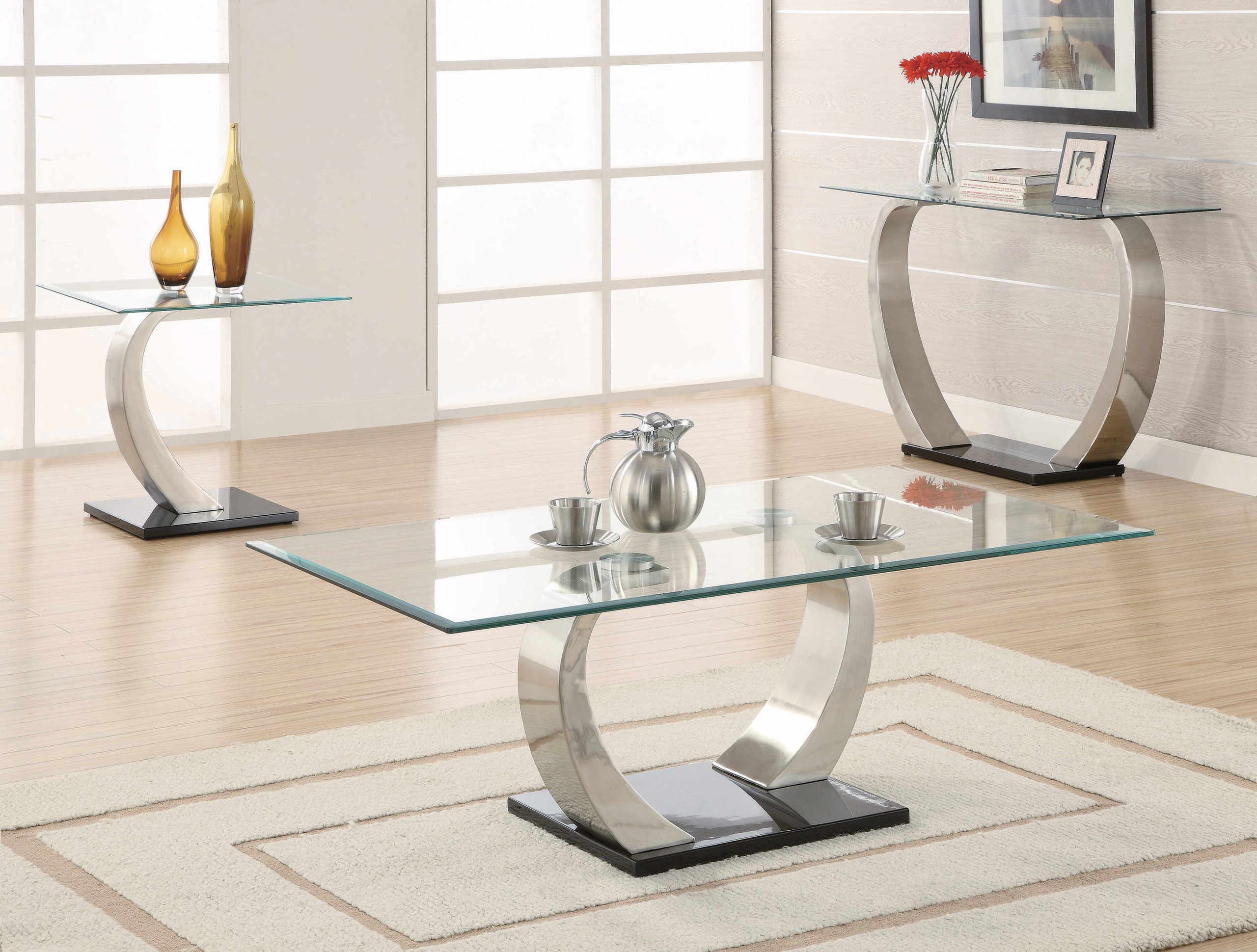 End Table with Glass Top in Silver and Black Metal Base