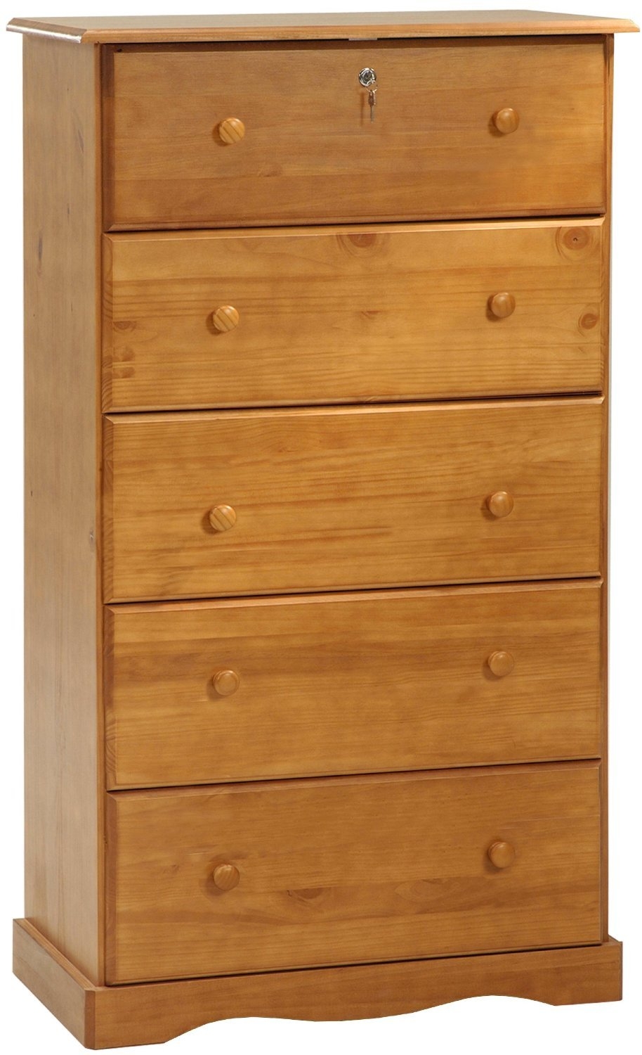 100% Solid Wood Chest of 5 Super Jumbo Drawers, Honey Pine, 32"w x 60"h x 17"d, Drawer Front 11"h, Side 9.5"h x 14"d. Optional Antique Brass Knobs Sold Separately. Requires Assembly.