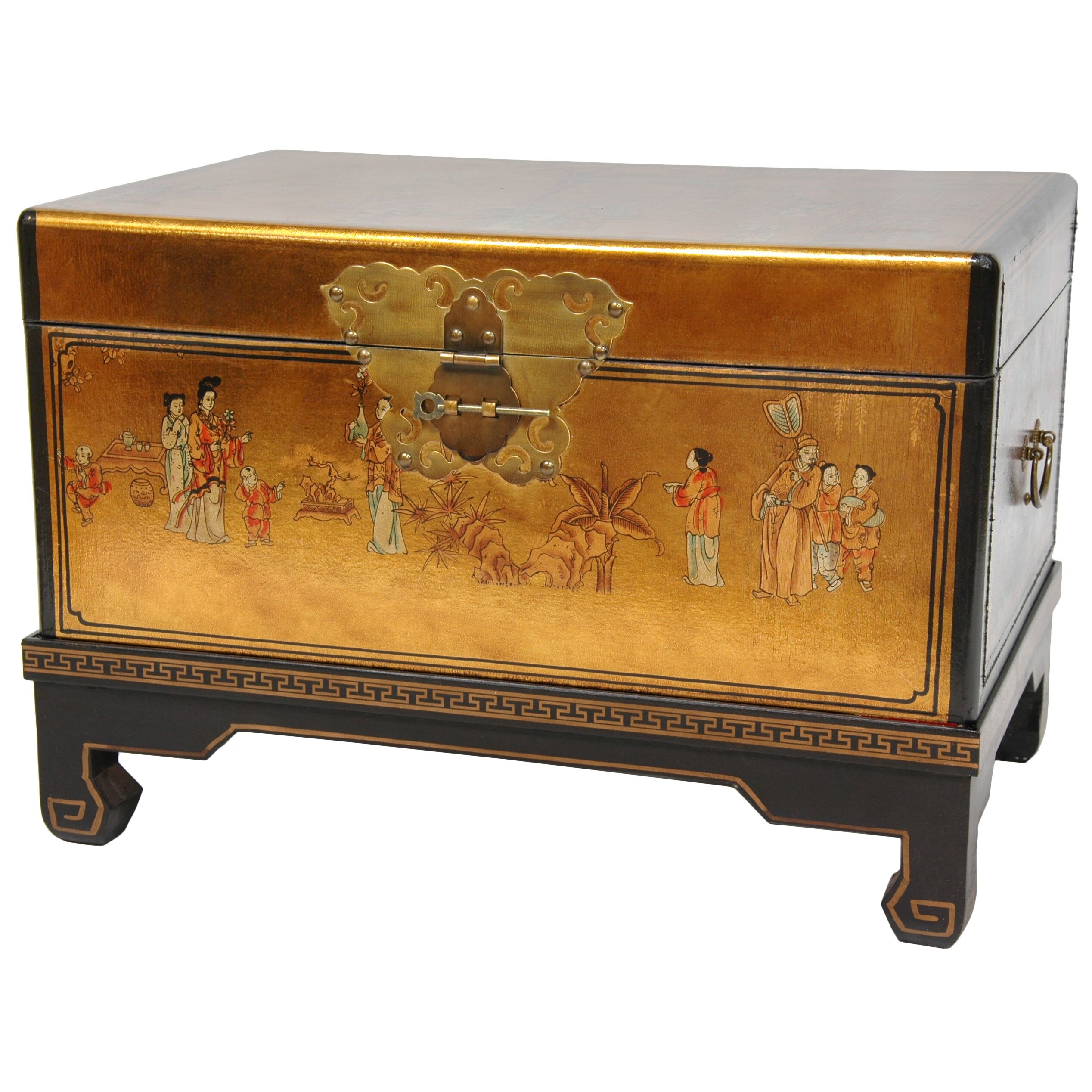 Oriental Furniture Hand Painted Asian Decor 26-Inch Gold Leaf Small Trunk Oriental Hope Chest