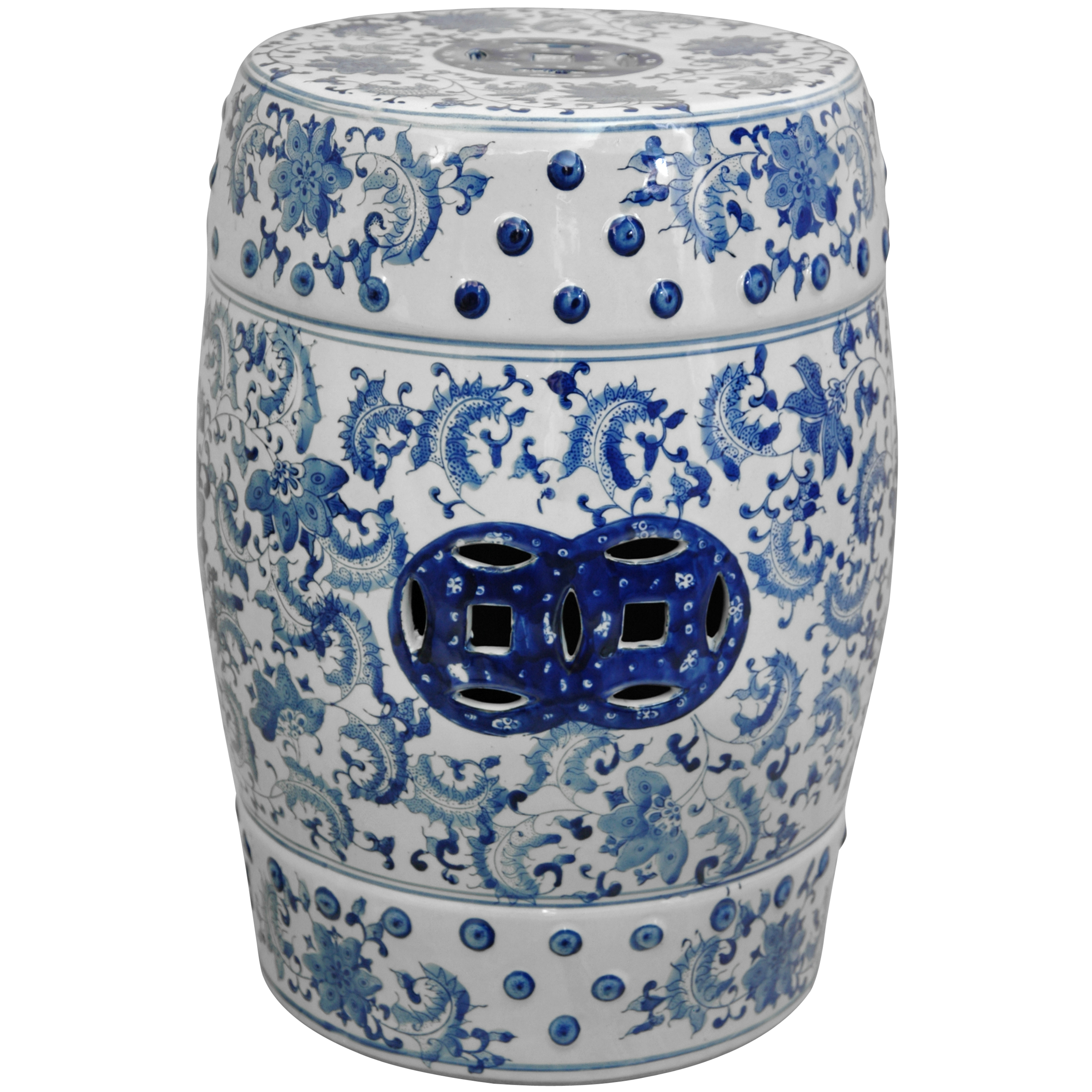 Oriental Furniture Traditional Asian Decor 18-Inch Blue and White Chinese Porcelain Garden Stool, Round with Floral Design