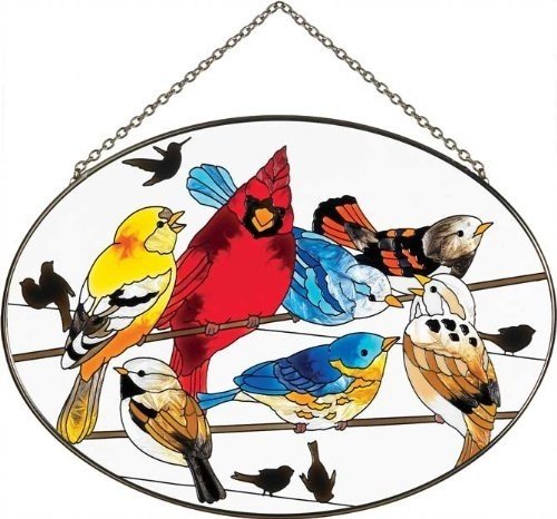 Birds On a Wire Large Oval Painted Glass Suncatcher