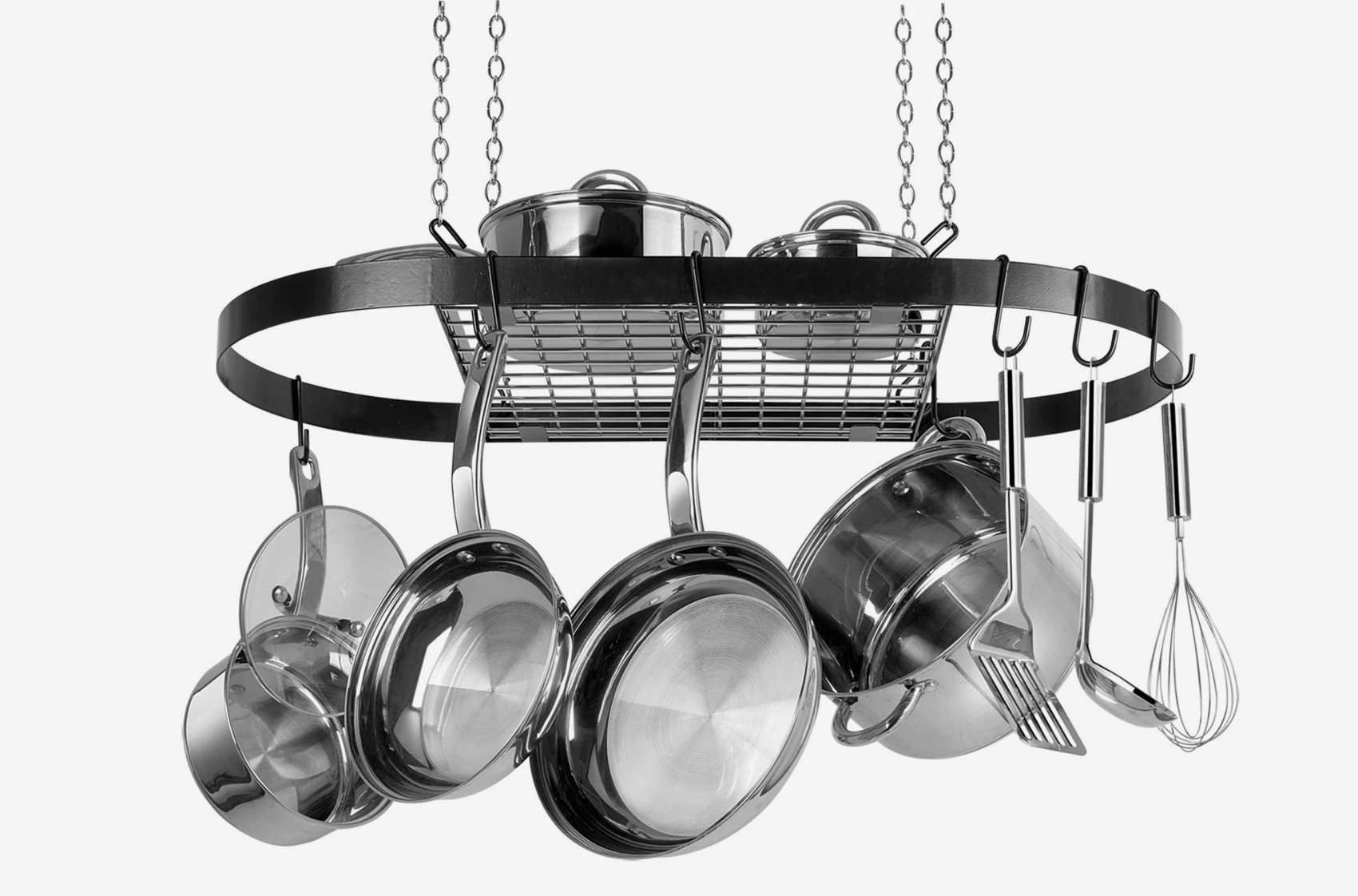 Range Kleen Black Wrought Iron and Stainless Steel Oval Pot Rack Includes 4 Ceiling Hooks