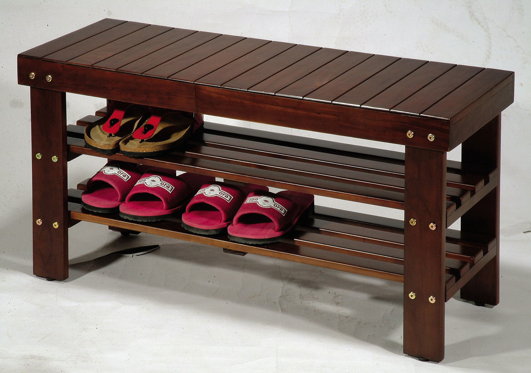 Roundhill Furniture Pina Quality Solid Wood Shoe Bench, Cherry Finish