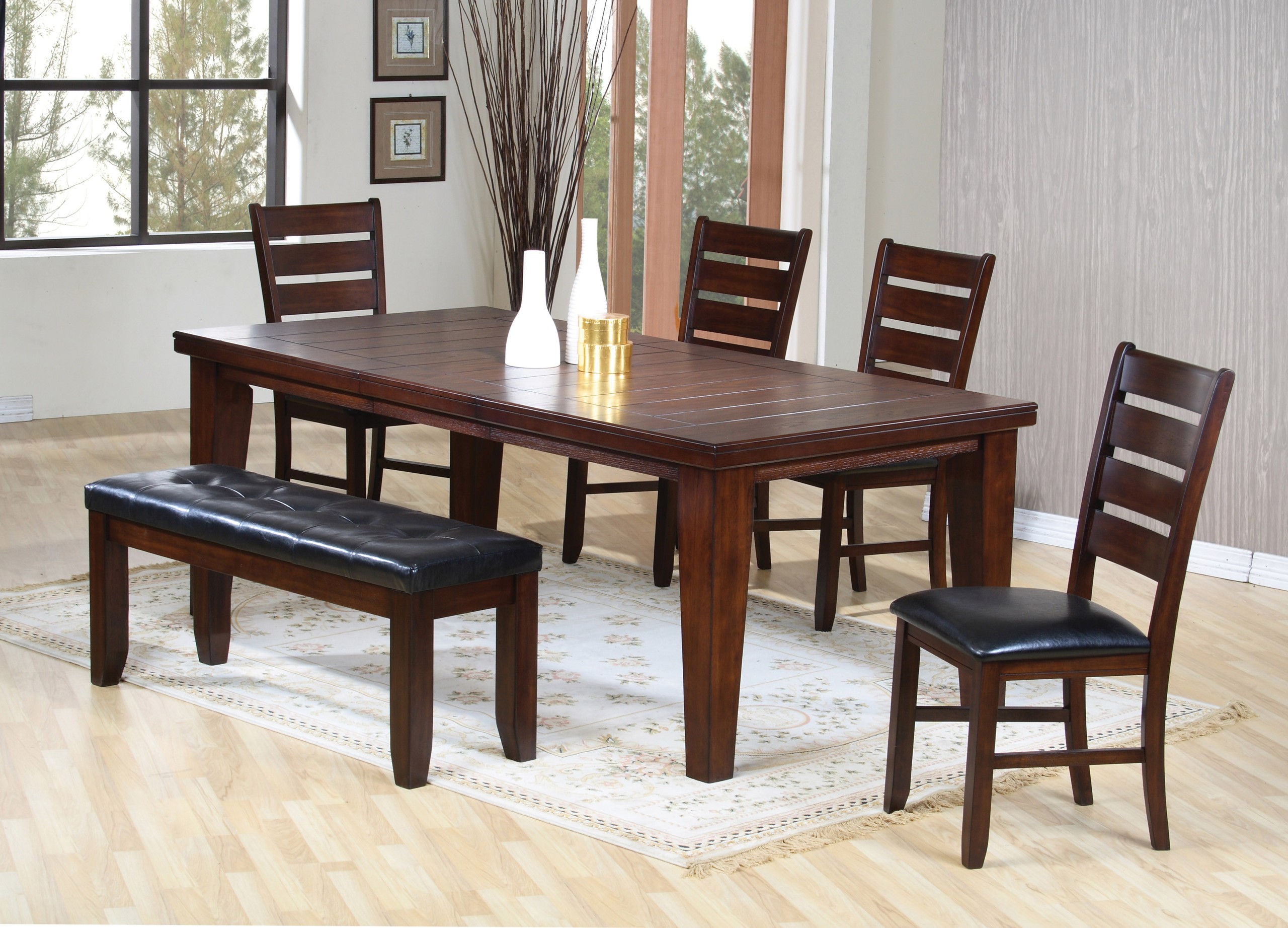 6pc Dining Table & Chairs Set with Ladder Back Dark Oak Finish
