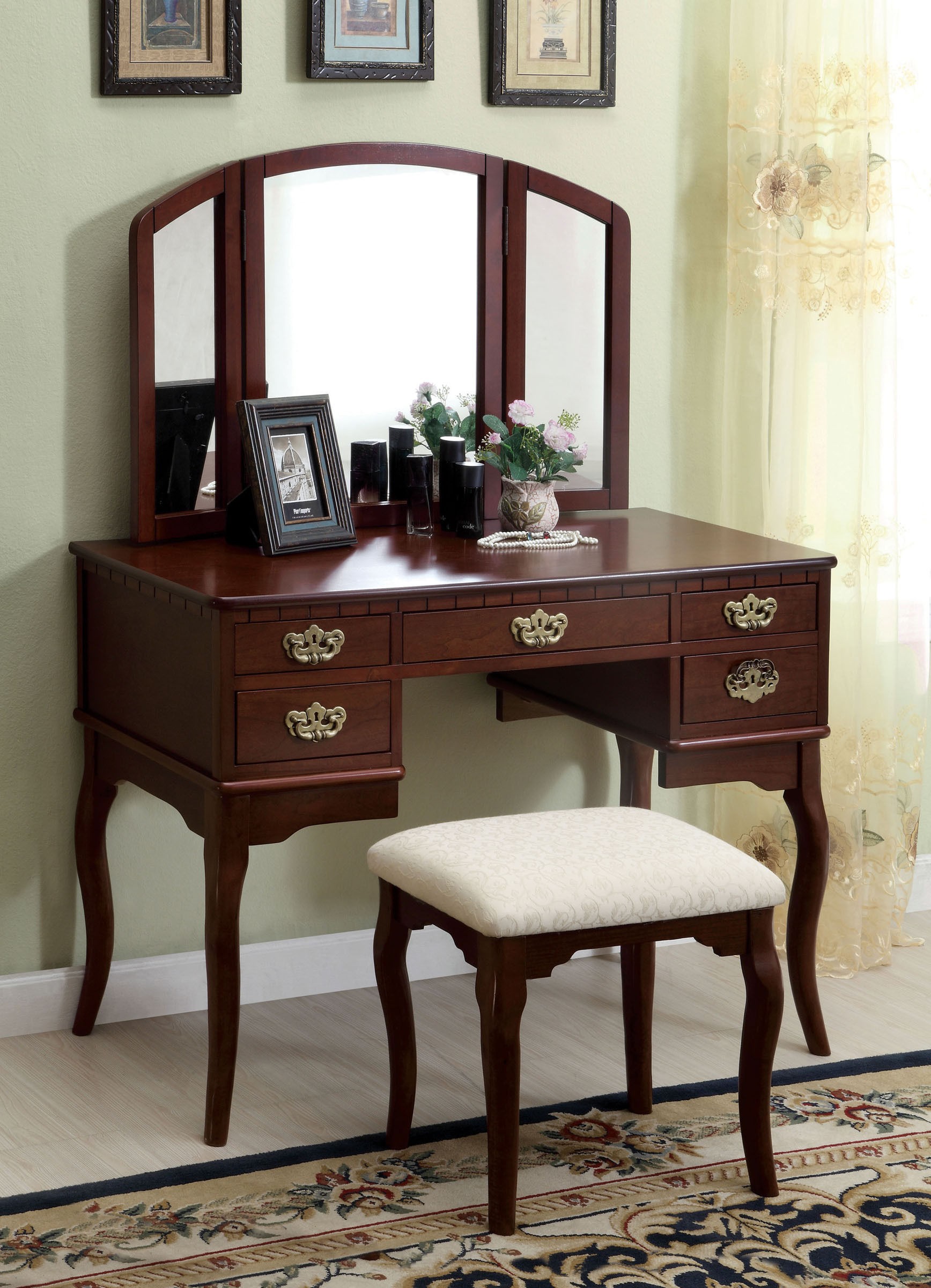 Furniture of America Matilda Chippendale Style Vanity and Stool Set, Cherry